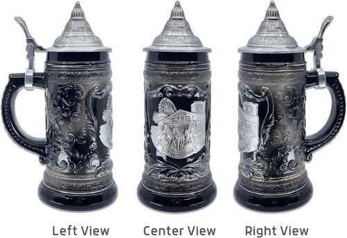 Vista 4 de OktoberfestHaus Oktoberfest Stein Bier Krug Stein Bier Krug - Jarra de cerámica negra con medallón de metal de caballos de tiro alemanes y vagón