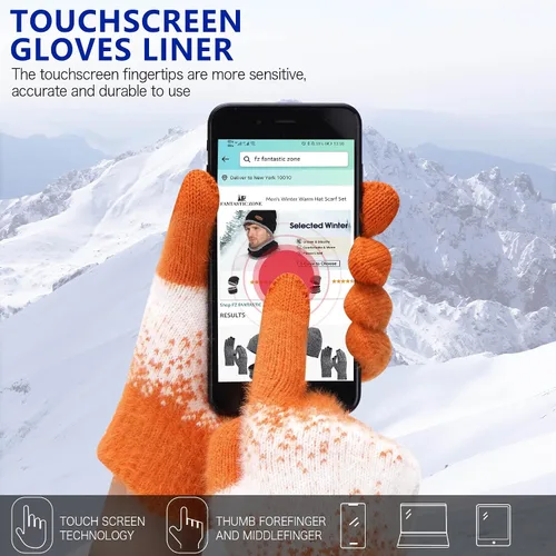 Vista 2 de Conjunto de gorro de punto de invierno para mujer y guantes para pantalla táctil, bufanda larga con forro polar cálido, bufandas para mujer