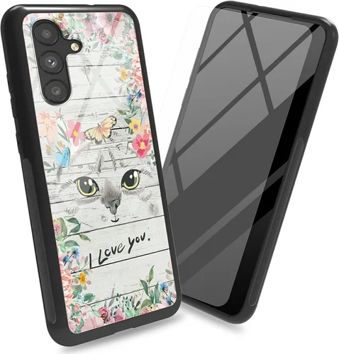 Vista 26 de Funda para Samsung Galaxy A13 5G con protector de pantalla, cubierta trasera de vidrio templado, diseño de flores de gato negro, marco de Flores