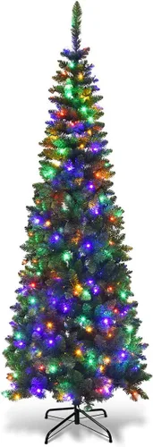 Vista 12 de GOFLAME Árbol de Navidad preiluminado de 5 pies, árbol de Navidad artificial con 180 luces LED, 10 modos de luz, 390 puntas de rama, soporte