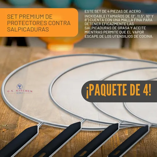 Vista 2 de U.S. Kitchen Supply Juego de 4 protectores de salpicaduras de acero inoxidable (13, 11.5, 10, 8 pulgadas), cubierta de malla fina, grasa y aceite