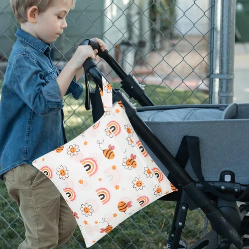 Vista 6 de 2 bolsas de tela para pañales húmedos y secos, bolsa impermeable reutilizable con 2 bolsillos con cremallera y asa, bolsas de lavandería lavables