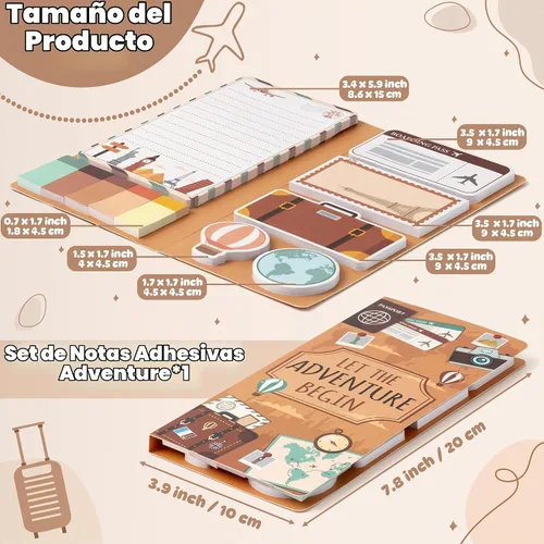 Vista 2 de Xqumoi Let The Adventure Begin - Juego de notas adhesivas – 550 hojas – Bloc de notas autoadhesivas con temática de viaje, pestañas divisorias