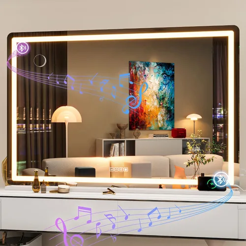 Vista 29 de Hasipu Espejo de tocador con luces, espejo LED de maquillaje de 31.5 x 22 pulgadas, espejo de maquillaje iluminado con 3 modos regulables, espejo