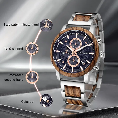 Vista 6 de Relojes de madera para hombre, cronógrafo de cuarzo multifuncional y reloj de pantalla de fecha para hombre, reloj de pulsera de madera hecho a