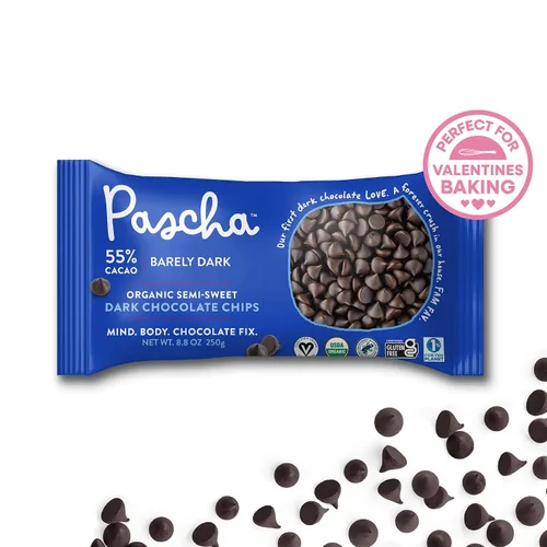 Vista 3 de Pascha Chips de chocolate negro semidulce orgánico con 55% de cacao, chips para hornear a granel, chocolate vegano suave para hornear, sin alérgenos