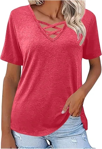 Vista 11 de Camisetas de verano para mujer, cuello en V entrecruzado, manga corta, holgadas, elegantes, casuales, básicas, suaves