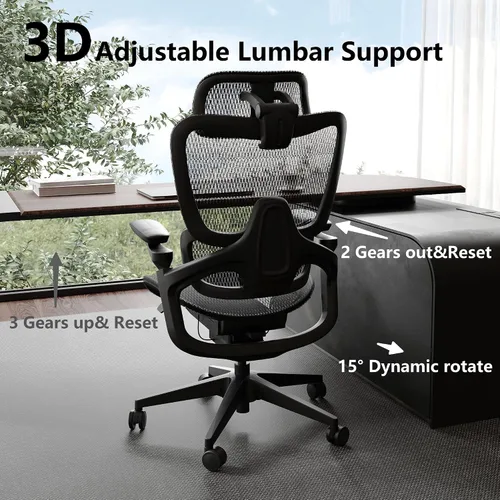 Vista 6 de Silla de oficina ergonómica, silla de escritorio grande y alta para el hogar con soporte lumbar 3D ajustable, reposabrazos 5D, reposabrazos 4D Negro