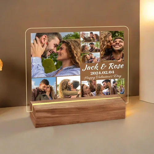 Vista 17 de Placa de acrílico con foto personalizada, regalos para aniversario, San Valentín, cumpleaños, luz nocturna LED personalizable, base de madera