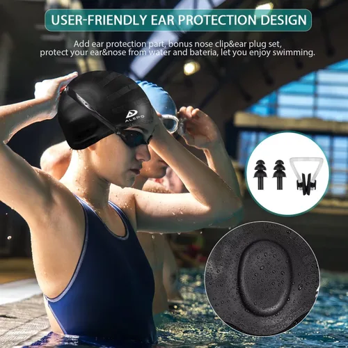 Vista 4 de Alepo 2 Pack Unisex Swim Caps with 3D Ear Protection, Durable Flexible Silicone Swimming Hats for Women Men Kids Adults, Bathing Swimming Caps for