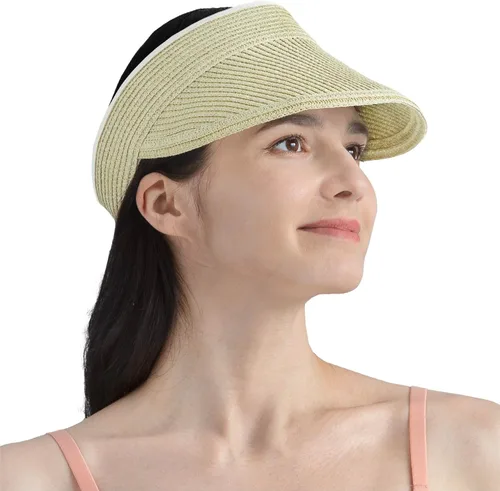 Vista 11 de SUN CUBE Sombrero de visera para mujer, sombrero de playa de ala ancha, paja con protección UV, gorra plegable plegable, visera de verano para cola