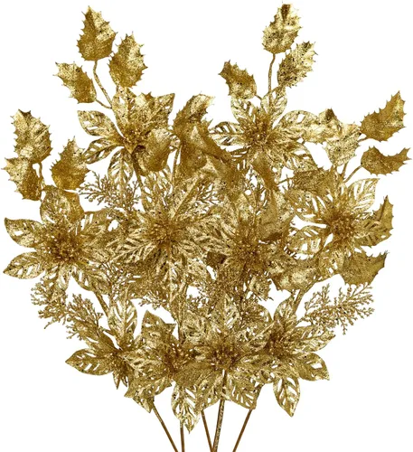 Vista 7 de 6 piezas de selecciones para árbol de Navidad de 25 pulgadas con purpurina, flores de Pascua con purpurina en aerosoles con flores, hojas de acebo