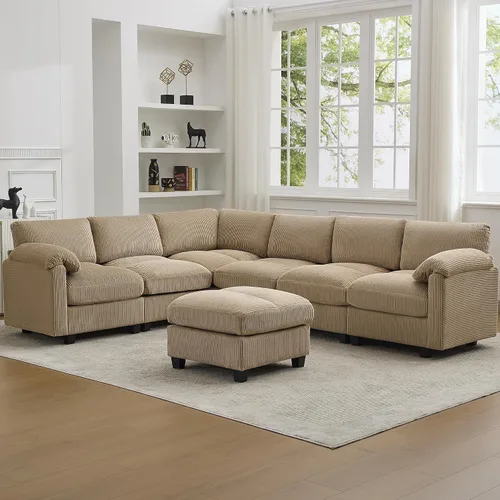 Vista 33 de Sofá modular de 61 pulgadas con otomana, asiento extra profundo para sala de estar, sofá de asiento profundo de pana con almohadas para Beige