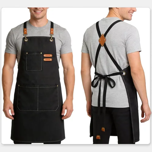Vista 6 de Delantales de chef para hombres y mujeres con bolsillos grandes, delantal de lona de algodón resistente con espalda cruzada