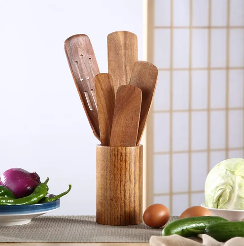 Vista 5 de MESSON Juego de espátulas de madera, 5 piezas, herramientas de cocina de madera de primera calidad, espátula de madera, cucharas, utensilios