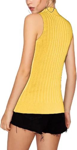 Vista 3 de Nicetage Suéter de punto sin mangas para mujer, ajustado, cuello alto, elástico, básico, camiseta sin mangas