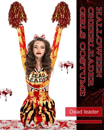 Vista 6 de Jecery El disfraz de Zombie Fearleader incluye disfraz de animadora, 2 pompones de animadora de papel metalizado, calcetines de Halloween, 1 lazo