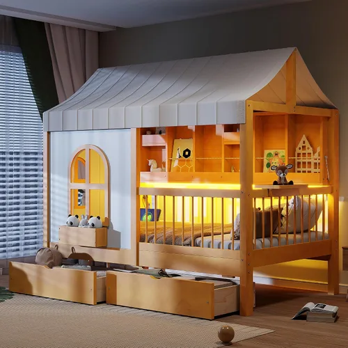 Vista 14 de Cama de casa con tienda y estantería, 2 cajones, carga USB Espresso-tt