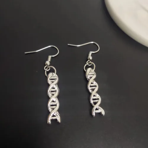 Vista 3 de Aretes de biología de molécula de ciencia química para mujeres y niñas, dije único de microscopio ADN, doble hélice, átomos de carbono, botella