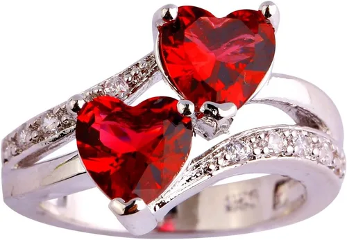 Vista 13 de Anillo de promesa de boda con topacio azul y blanco, chapado en plata de ley 925, con doble corazón