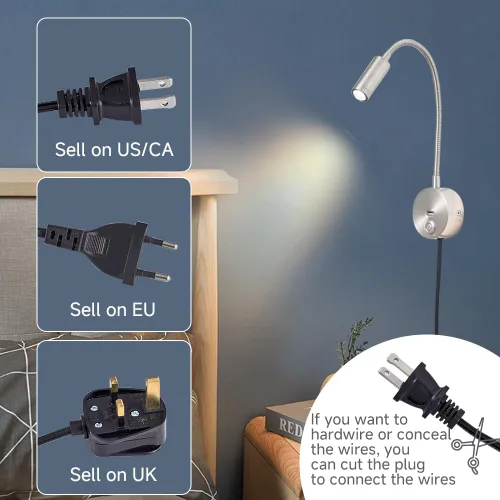 Vista 4 de Luz de lectura regulable montada en la pared con puerto de carga USB, luz de lectura LED enchufable, lámparas de pared con cuello de cisne flexible