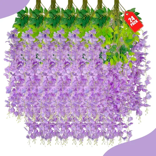 Vista 21 de Paquete de 12 flores colgantes de glicina rosa, flores colgantes falsas de 3.44 pies, guirnalda de glicina artificial para decoración de boda, telón