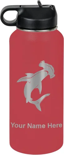 Vista 37 de LaserGram Botella de agua personalizada, tiburón martillo, acero inoxidable de doble pared aislada al vacío con popote superior, regalo grabado
