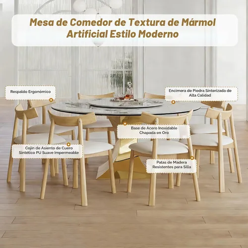 Vista 2 de Juego de mesa de comedor redonda de 9 piezas, moderna mesa de cocina de piedra sinterizada de 59 pulgadas con plato giratorio redondo de 31.5
