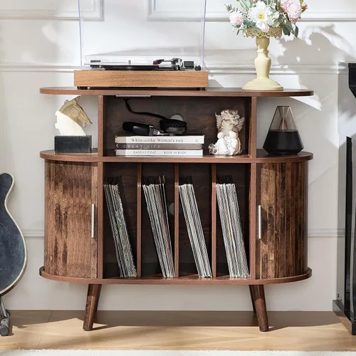 Vista 15 de LELELINKY - Pequeño soporte redondo para tocadiscos con estación de carga y estante de exhibición estriado, gabinete de tocadiscos negro de mediados