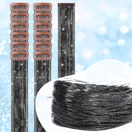 Vista 2 de FESHFEN Juego de 12 extensiones de cabello con clip, color negro, con clip, con purpurina, kit de accesorios coloridos para mujeres, de 20 pulgadas