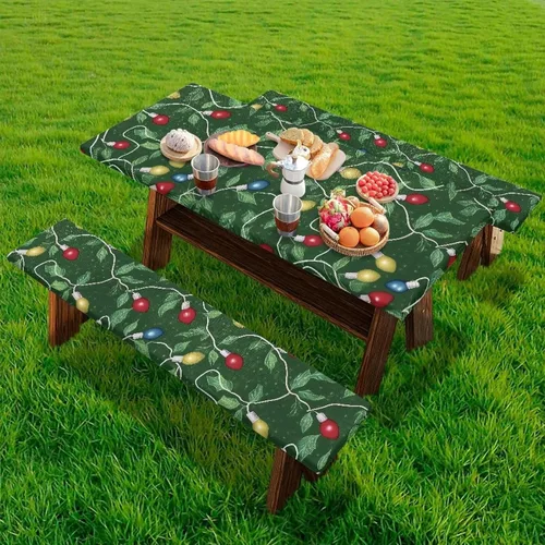 Vista 40 de Juego de 3 calcetines de árbol de Navidad de dibujos animados y galletas, funda de mesa de picnic ajustable con funda de banco, manteles Calcetines