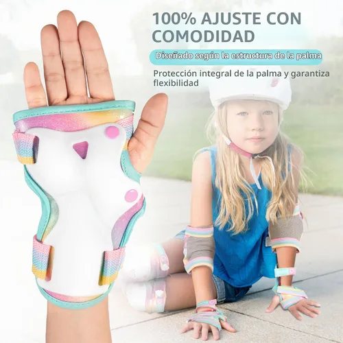 Vista 3 de Rodilleras de arcoíris y unicornio para niños, coderas, muñequeras con bolsa de cordón, juego de equipo de protección ajustable para niñas, patinaje