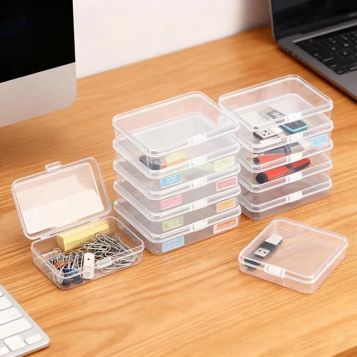 Vista 4 de IBEQUEM 18 mini contenedores de almacenamiento, tamaños mixtos, pequeños recipientes rectangulares de plástico transparente con tapa con bisagras