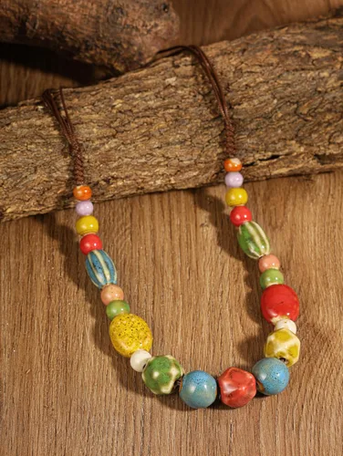 Vista 4 de MINACHI Hippie Boho - Collar de cuentas redondas de cerámica colorida, estilo bohemio, regalo de joyería para mujer