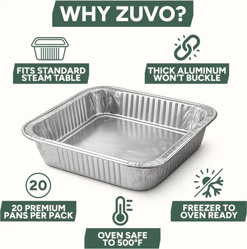Vista 4 de Zuvo Contenedores grandes desechables de papel de aluminio con tapas de papel 25x25x4 cm, recipientes para llevar, buenos para hornear, asar