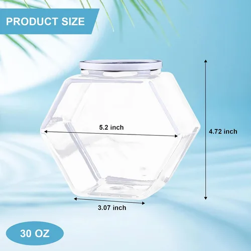 Vista 2 de 12 tarros hexagonales de plástico transparente de 30 onzas, tarros de galletas de plástico con tapas herméticas, recipientes reutilizables de boca
