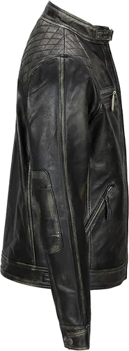 Vista 5 de Chaqueta de cuero vintage con hombros acolchados, estilo retro, clásico, con diamantes desgastados, para motocicleta, Cafe Racer