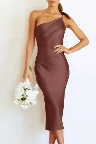 Vista 6 de PRETTYGARDEN Vestido midi de satén para mujer, con un hombro, tirantes delgados, espalda descubierta, fruncido, vestido ajustado de verano