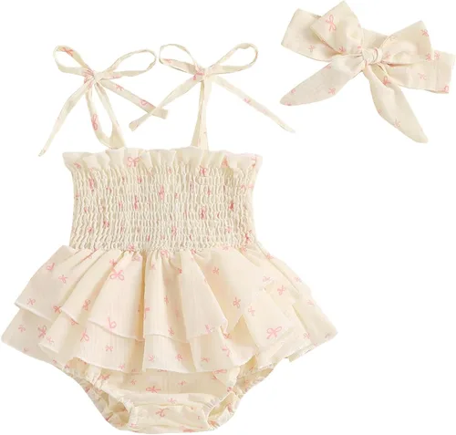 Vista 83 de Mameluco para bebés y niñas de 3, 6, 9, 12, 18 meses, enterizo de manga corta, fruncido, faldas y dobladillo, diadema