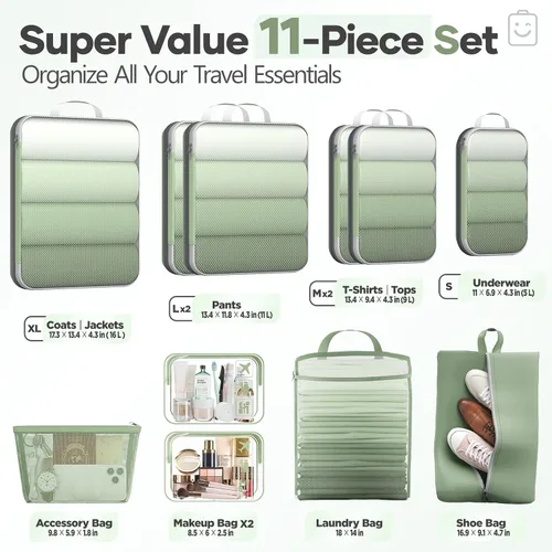 Vista 2 de Veken Juego de 11 cubos de compresión para artículos esenciales de viaje, bolsas organizadoras compresibles expandibles grandes para maletas