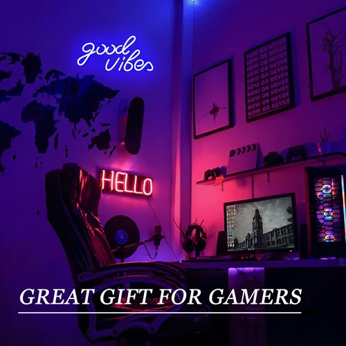 Vista 9 de Good Vibes - Letrero de neón LED para decoración de pared, luces de neón azules para dormitorio y fiesta, luz de neón brillante alimentada por USB