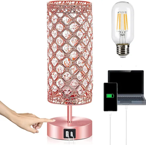 Vista 7 de Lámpara de mesa de cristal, lámpara de escritorio regulable K9 con control táctil, lámpara decorativa de cristal K9 con 2 puertos de carga USB