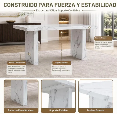 Vista 4 de Ebullient 63" Marble Dining Table, Modern White Dining Room Table