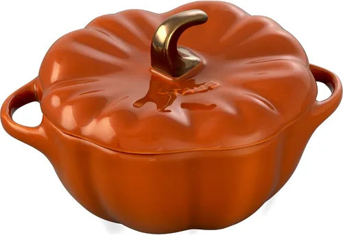 Vista 14 de STAUB Pequeña cerámica de 0.5 cuartos de galón, apta para horno y estufa hasta 572 °F, plato de calabaza, hornear, plato de caramelo, naranja quemado