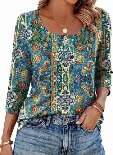Vista 6 de Ekouaer Blusas de manga 3/4 para mujer, blusas casuales elegantes para Marrón Bohemian-mz721