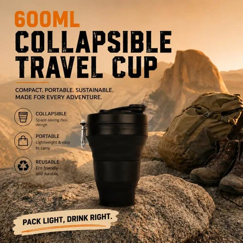 Vista 4 de Taza de Café de Silicona con Pajita y Tapa, Tazas Plegables para Viajar, 20oz, Taza de Agua Plegable Ligera para Picnic, Senderismo, Camping, Negro
