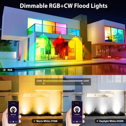 Vista 2 de Luz de inundación LED para exteriores de 25 W, equivalente a 2500 W, 2500 LM, luces RGB que cambian de color por App Control, escenas de bricolaje