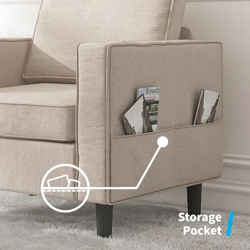 Vista 6 de Mjkone Sillón, silla decorativa con bolsillos de almacenamiento, moderna silla individual para sala de estar, apartamento, espacios pequeños, Beige