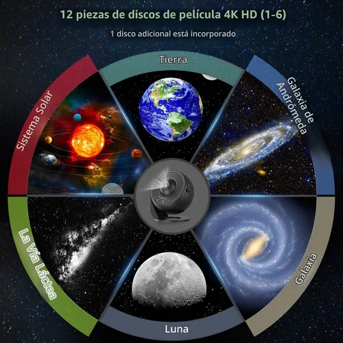 Vista 2 de Proyector de galaxia para dormitorio, proyector de estrellas de imagen HD, perilla ajustable de luz de galaxia, 13 discos de película, proyector