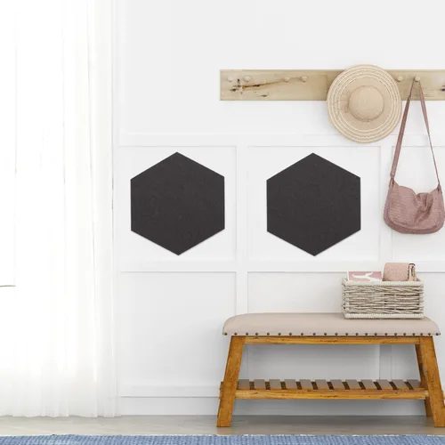 Vista 6 de Tablero de pared hexagonal de fieltro autoadhesivo, 12 unidades, azulejos de notas de boletín absorbentes de sonido para decoración del hogar Negro